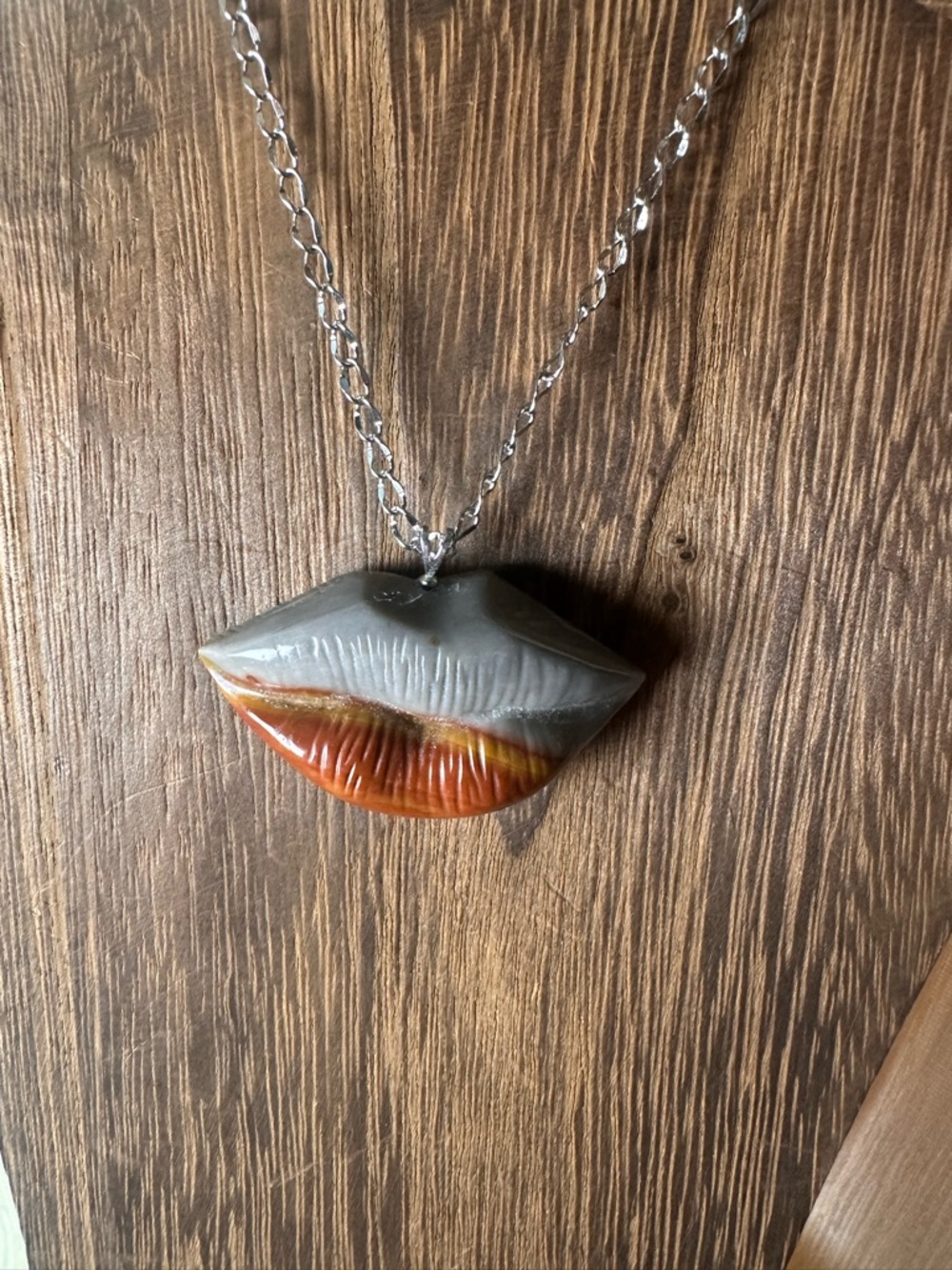 Alashan Agate Lips Pendant Necklace on Sterling Silver Bail and Stainless Steel